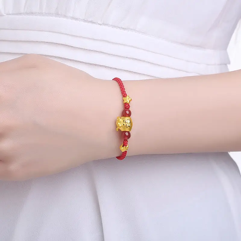 

Solid 24K Yellow Gold Bracelet Wealth Bag with 2 Star Red Lucky Bracelet