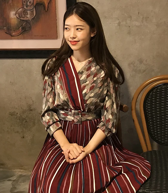 vestidos stitching v-neck plait Autumn Women Vintage Printed Dress Long Sleeve V Neck Casual Chiffon A-line | Женская одежда