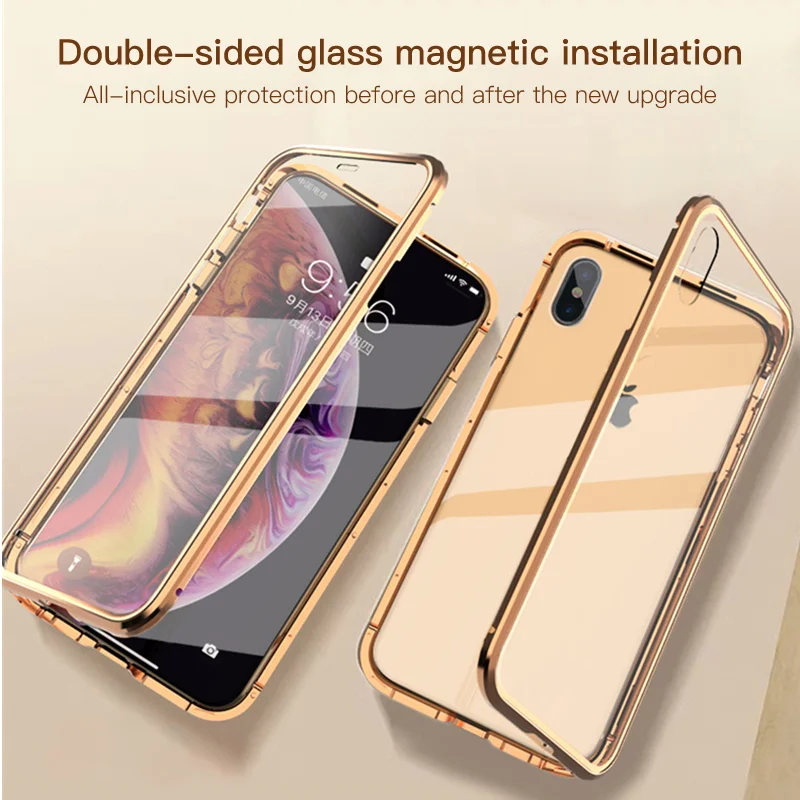 Magnetic Phone Case For iPhone 7 Plus 8 360 Full Body Metal Flip Front & Back Tempered Glass Cover XS Max X |