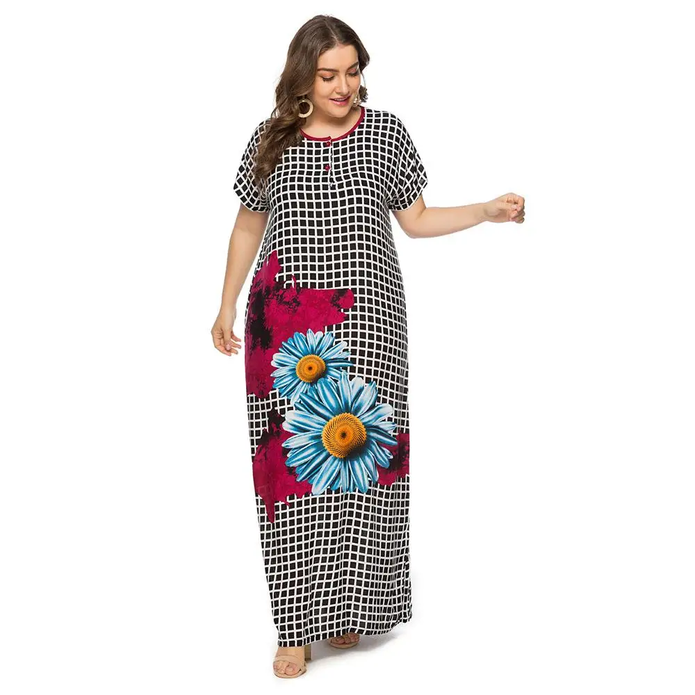 Женское мусульманское длинное платье в клетку с цветочным принтом размера плюс