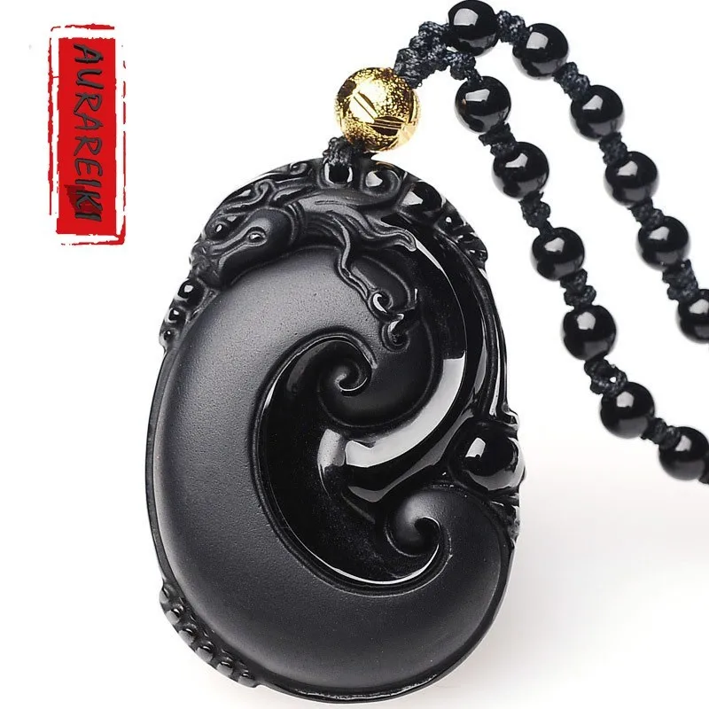 

Natural Obsidian Mythical Wild Animal Pendant Necklace Exorcise Evil Spirits Amulet Retro Lucky Pendants Mala Unisex