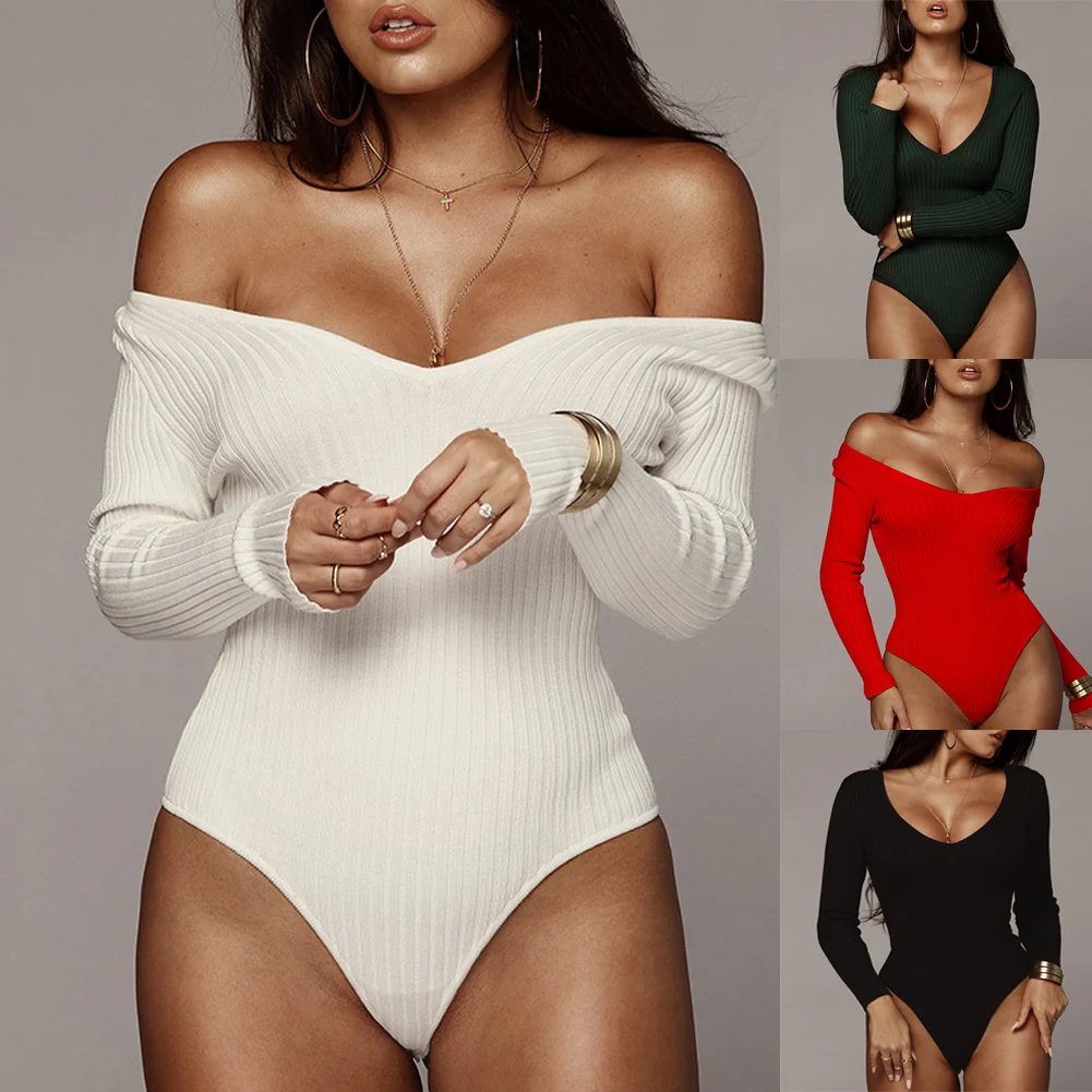 2019 New Off Shoulder Ribbed Knitted Sexy Bodysuit Women Black V Neck Autumn Slim Rompers Womens Jumpsuit Winter Basic Bodysuits | Женская