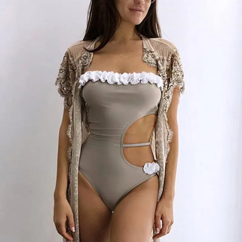 2019 летнее пляжное бикини белый кружевной цельный купальник сексуальные ажурные
