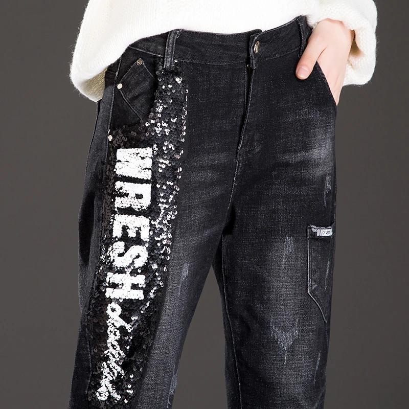 Женские потертые джинсы Длинные шаровары обычный хлопок на молнии со средней