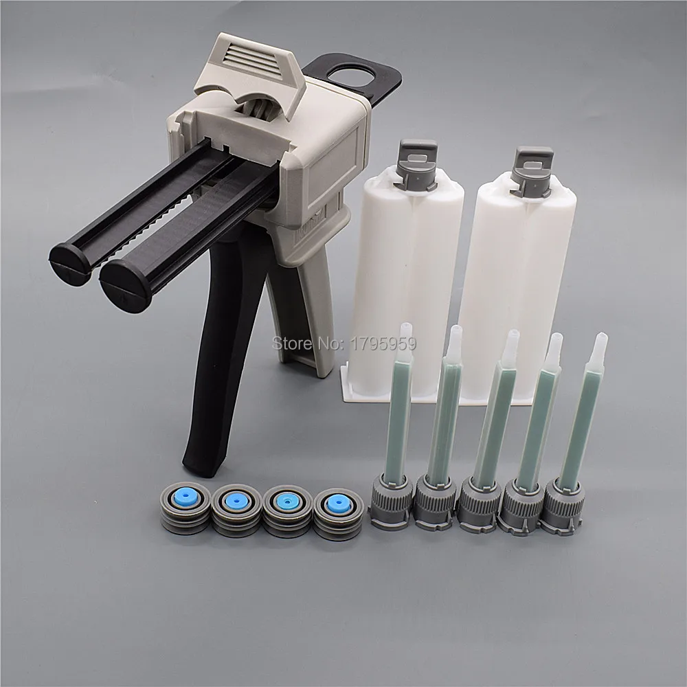 50ml Caulking Gun 1:2 Glue Adhensive Dispenser AB with 2pcs 1:1 Empty Dual-Barrel Cartridge 5pc Mixing Nozzle | Инструменты