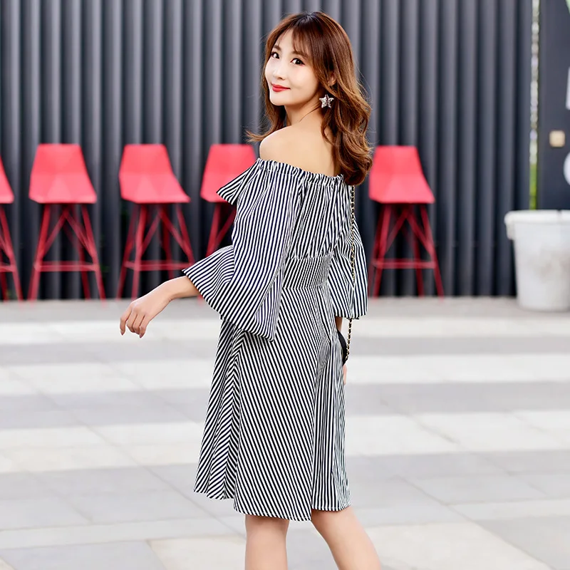 [EWQ] 2019 summer new Korean style Stripe Lantern Sleeve Slash neck off Shoulder strap loose Ladies clothing women dress QG96901 |