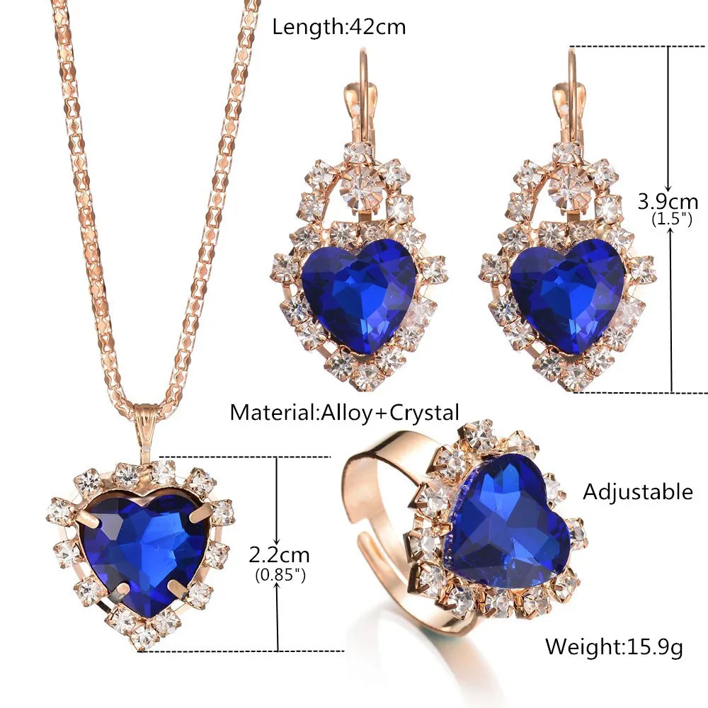 women wedding heart High File Crystal Pendeloque Cut Clavicle Necklace Earrings Ring 3pc Suit Marry Bride Accessories Jewelry |