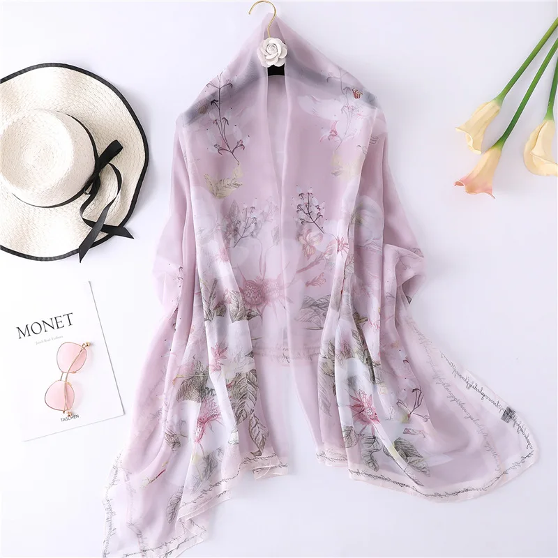 2019 New Women's Silk Scarf Soft Floral Print Spring Shawls Wraps Lady Pashmina Poncho Bandana Female Hijabs Foulard | Аксессуары