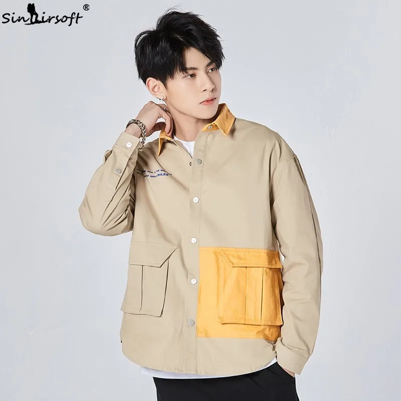 Мужская повседневная куртка цвета хаки свободная хлопковая в Корейском стиле с