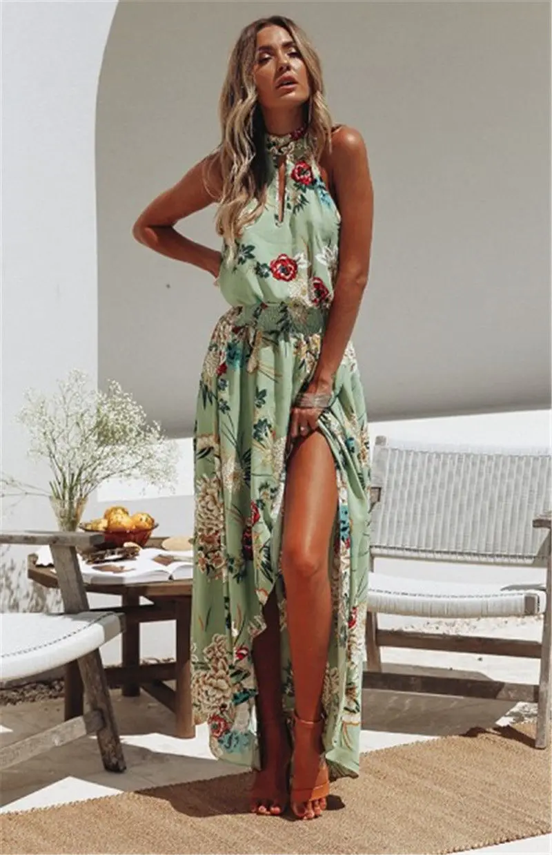 2019 новинкамодные женские туфли Boho длиной макси свободное платье летние пляжные