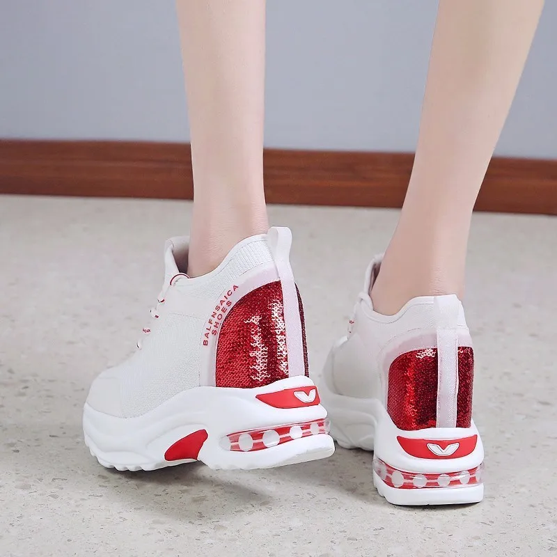 

New 2019 Spring Platform Pumps 9.5CM High Heel Women Sneakers Bling heeled Shoes Mesh Wedge Summer Breathable Casual Shoes Woman