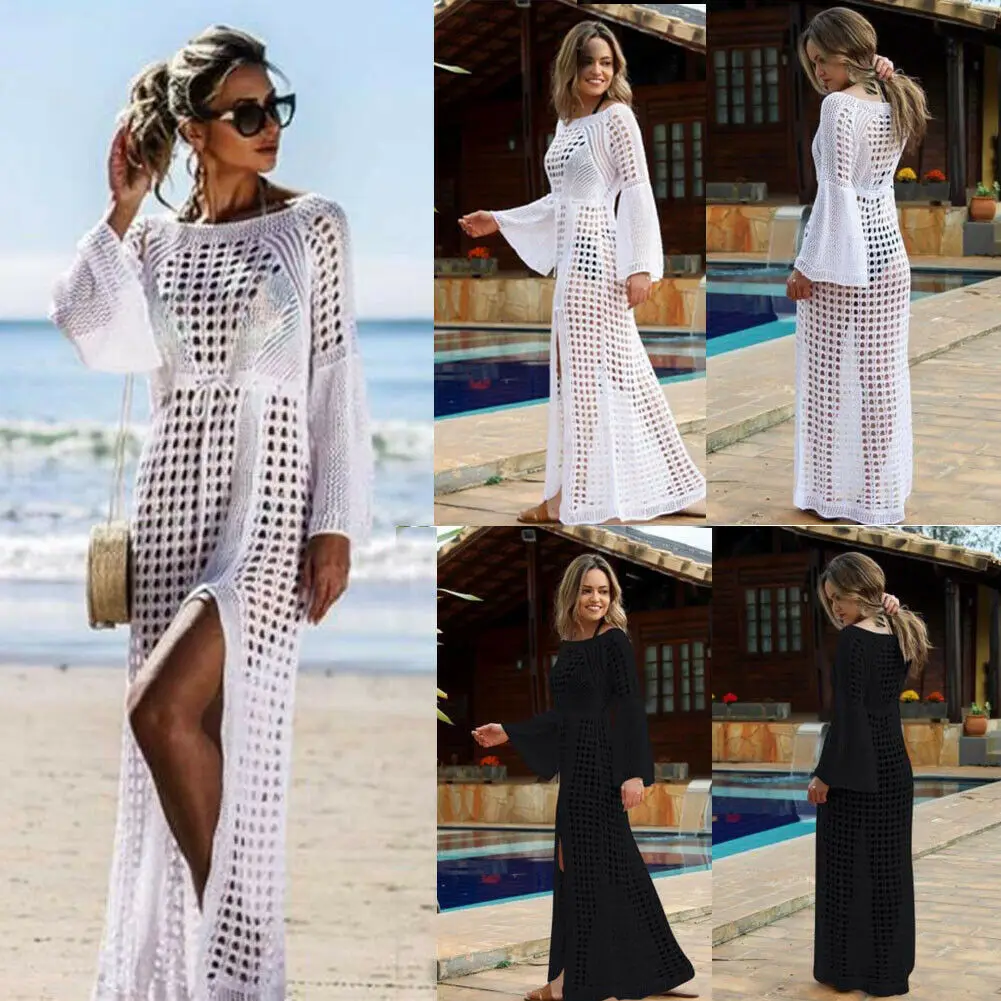 

Hirigin 2019 Women Sexy Hollow Out Knitted Beach Dress Long Sleeve Bikini Cover Up Maxi Holiday Dress