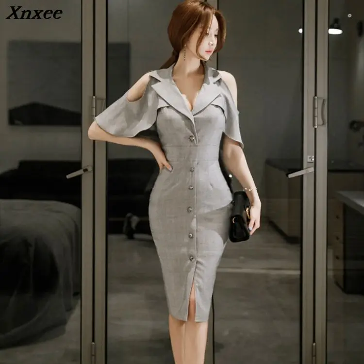 Korean Summer Women Office Xnxee Dress 2020 Fashion Business Gray Off Shoulder Butterfly Sleeve Female Notched Collar Work | Женская