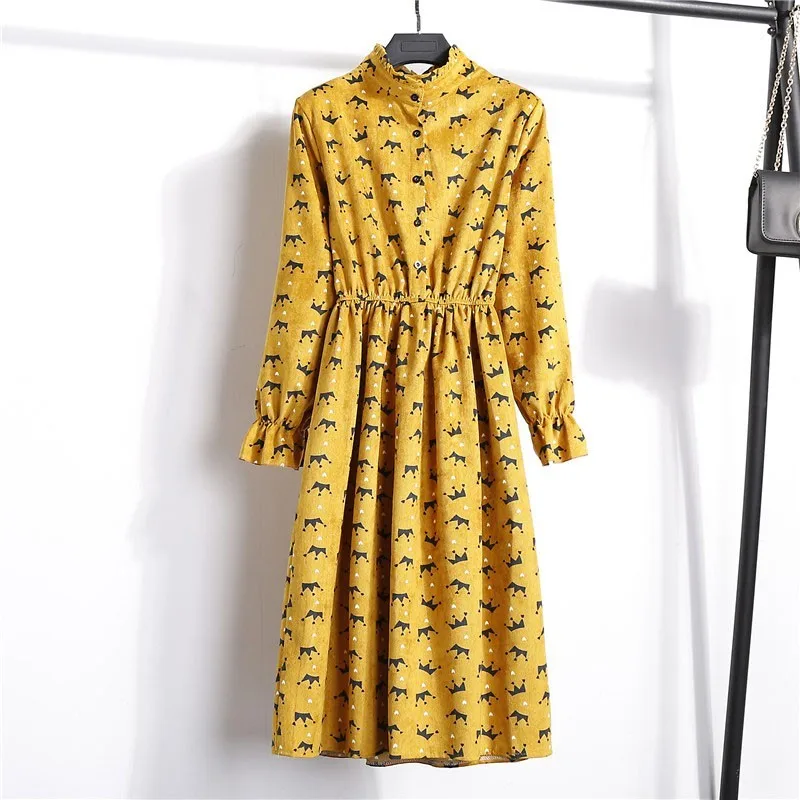CHICEVER 2019 Spring Floral Dress For Women Stand Collar Flare Sleeve High Waist Corduroy Vintage Dresses Fashion Clothes New | Женская