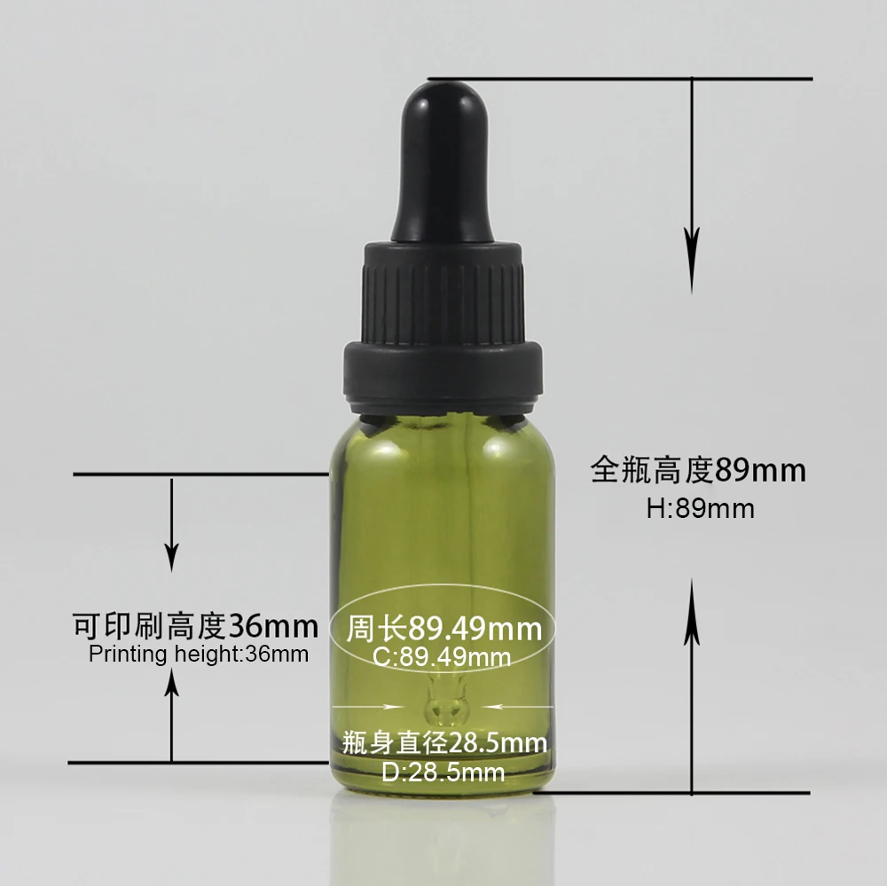 

Wholesale 15ml olive green essential oil glass dropper bottle with black lid empty 0.5 oz cosmetic packaging