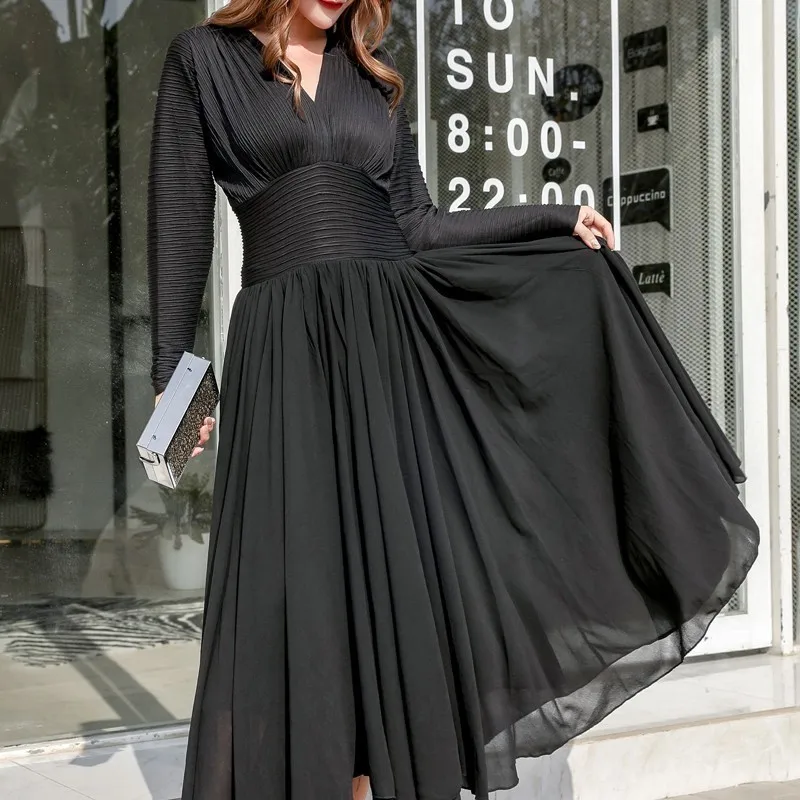 GALCAUR Casual Solid Women Dress V Neck Long Sleeve High Wasit Slim Ankle Length Pleated Dresses Female Fashion 2019 Spring New | Женская