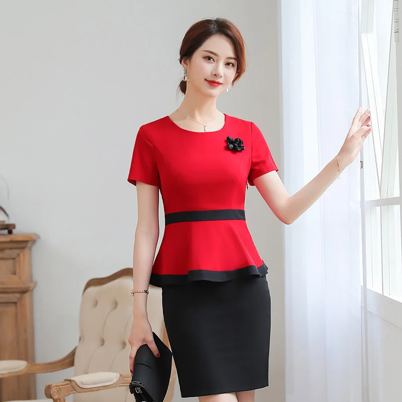 Women Office Lady Short Sleeve Suit Set Formal Work Wear Career Two Piece Pullover O-Neck Flower Patchwork Flare (Tops + Skirt) | Женская