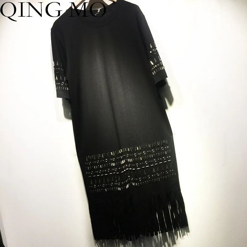 QING MO платье с кисточками женское черное рубашка 2019 летнее коротким рукавом