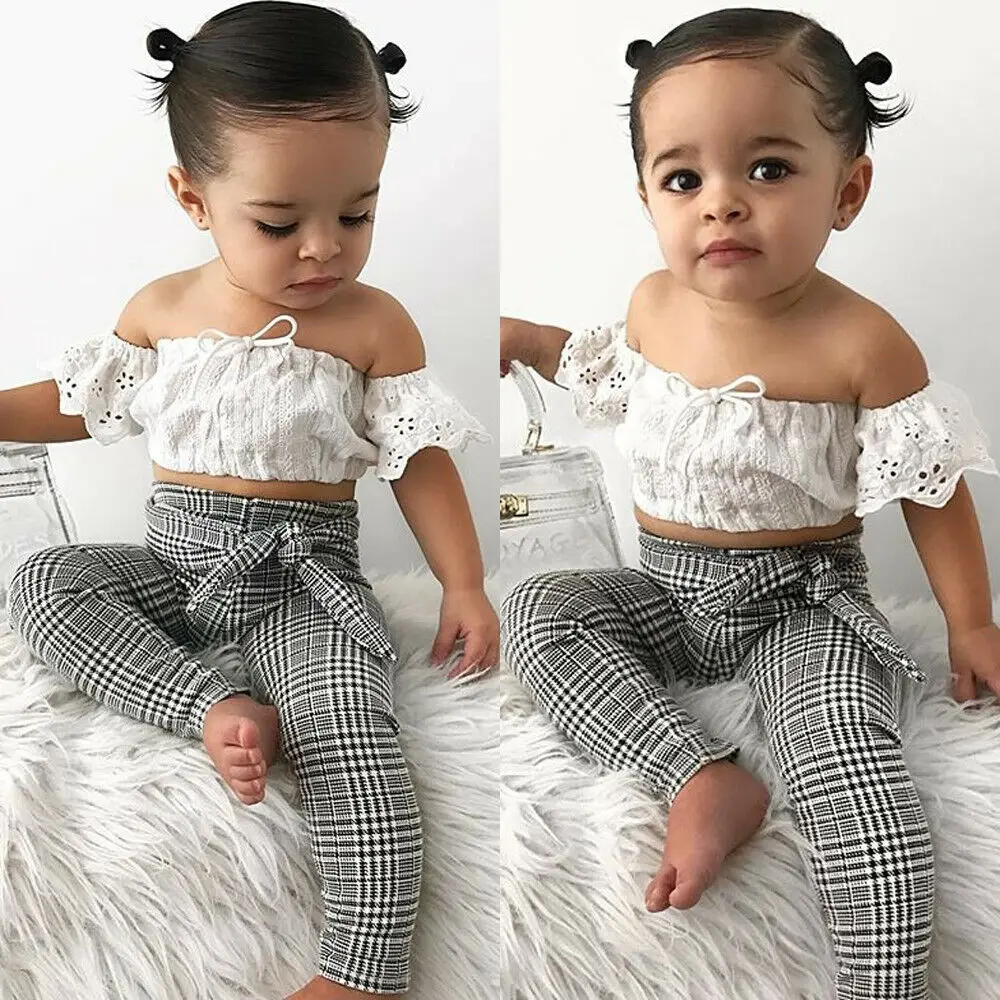 

Pudcoco Girl Set 2Y-7Y US 2PCS Toddler Kids Baby Girl Lace Tops Crop Plaid Long Pants Outfits Sunsuit