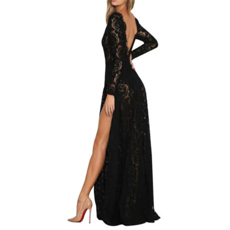 Women Lace Evening Party Prom Gown Dress Lady Formal Empire Waist Long Black V-Neck Sleeve Floor-Length Maxi Dresses | Женская одежда