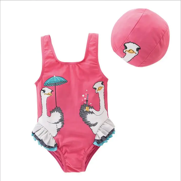 

Adorable little girls swimwear summer cartoon Ostrich design princess jumpsuit for princess bathing suit 2-6Yrs