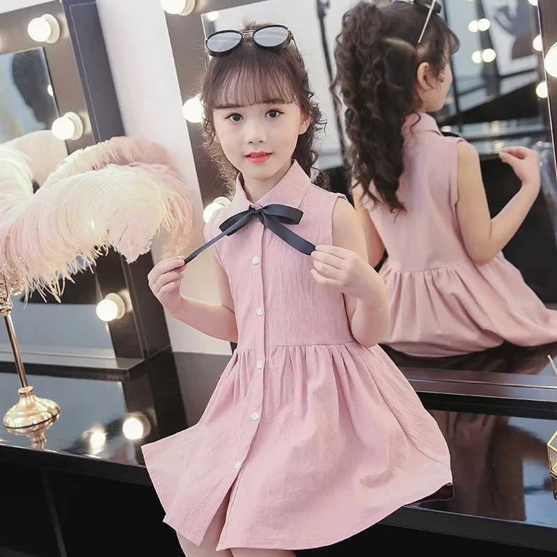 Bow School Children Dresses Kids Baby Shirts Summer Dress Girl Button Pink Blue Girls Teenagers Clothing Turn Down Collar 2019 | Детская
