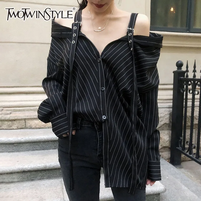 Женская блузка с открытыми плечами TWOTWINSTYLE весенне-осенняя в полоску длинным
