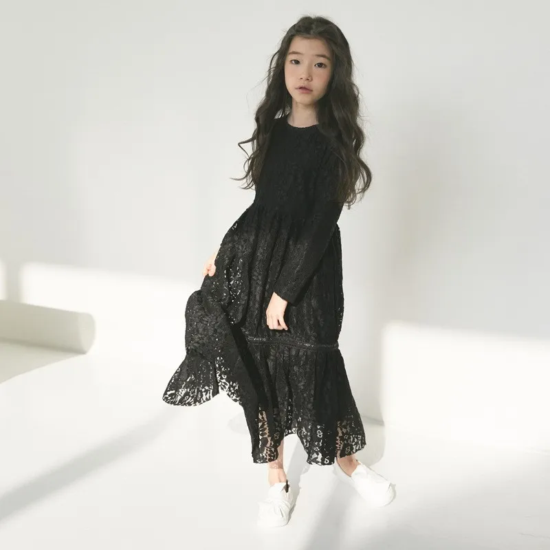 2020 Lace Teenage Dress Kids Girl Long Sleeves White Black Baby Girls Wedding Children Clothes Spring Autumn Flower | Детская одежда и