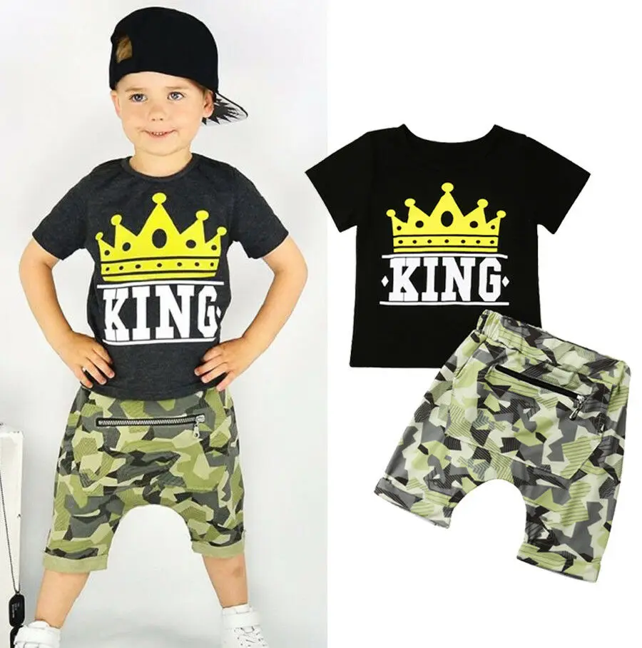 Fashion Summer Toddler Boys Clothes Sets Letter KING Print Tops T-shirt Camo Pants 2pcs Kids Children Outfits Set Costumes | Детская