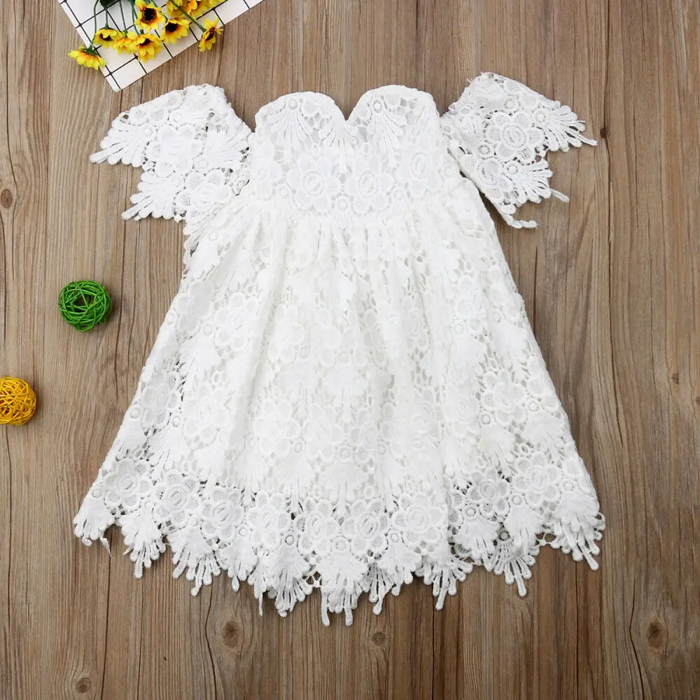 2019 New Toddler Kid Baby Girl Summer Dress Lace Flower Princess Party Pageant Dresses Strapless White Wedding 2-7T | Детская одежда и