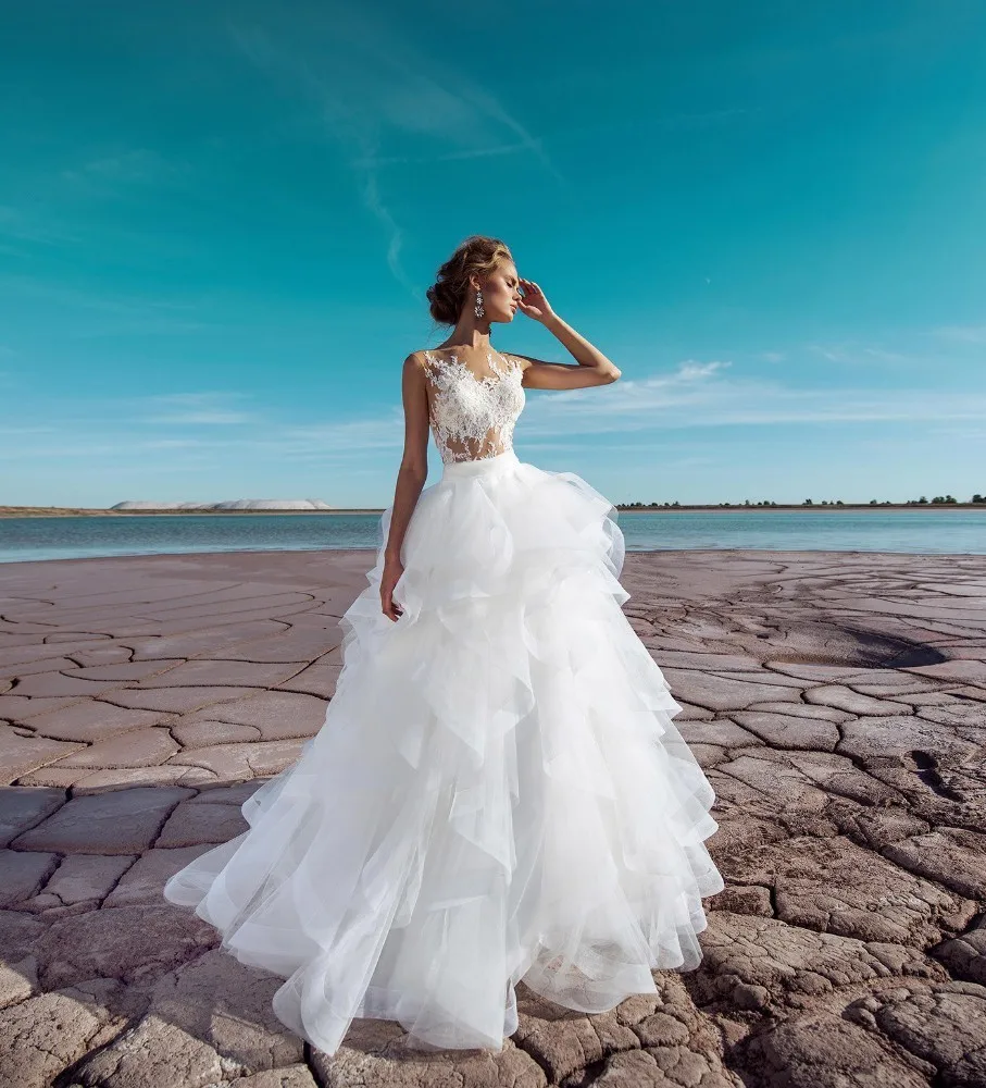 Платье для свадьбы Vivian's Bridal модное с рюшами а силуэта сексуальное иллюзией