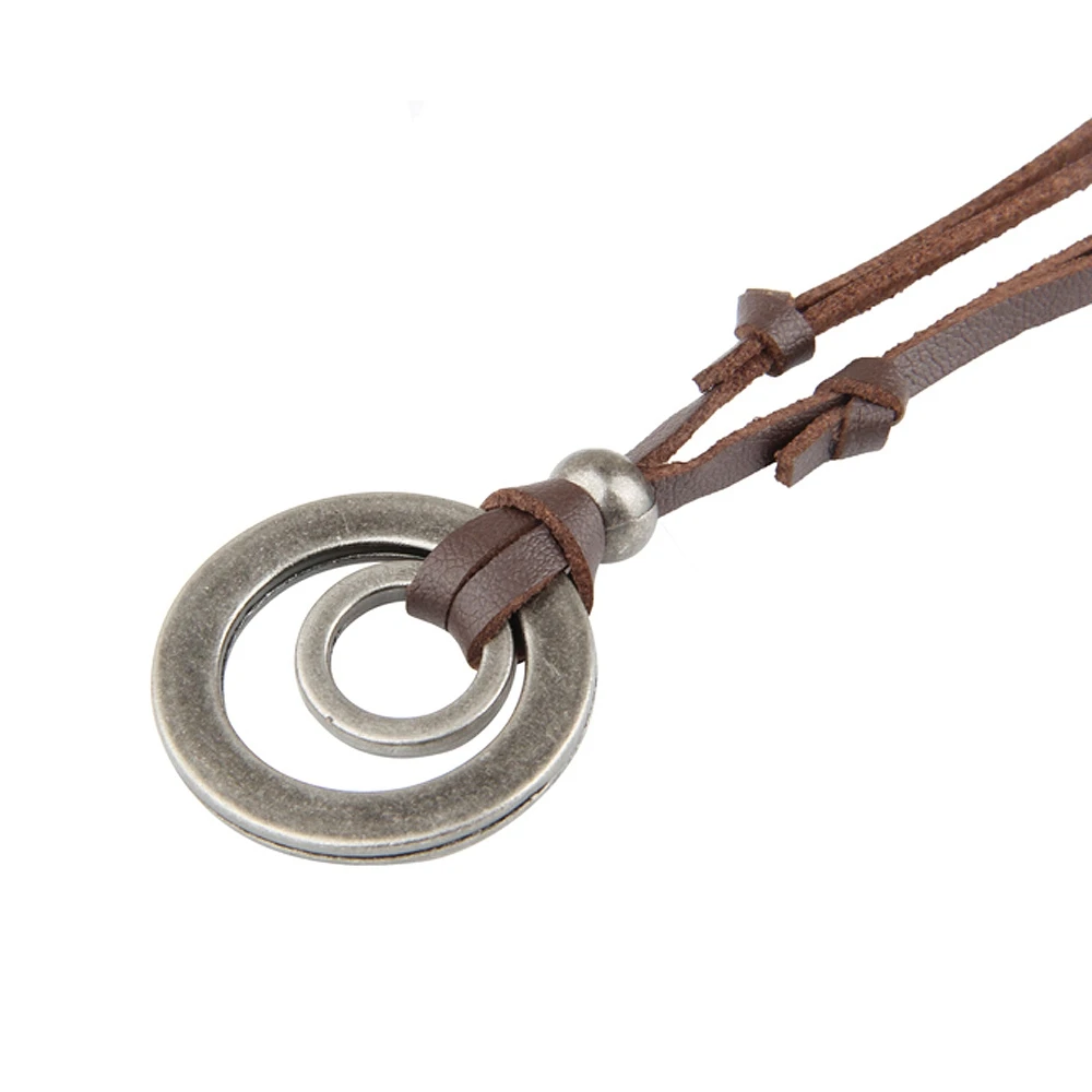 Винтажный Мужской коричневый размер двойной круг кулон Регулируемая кожаная