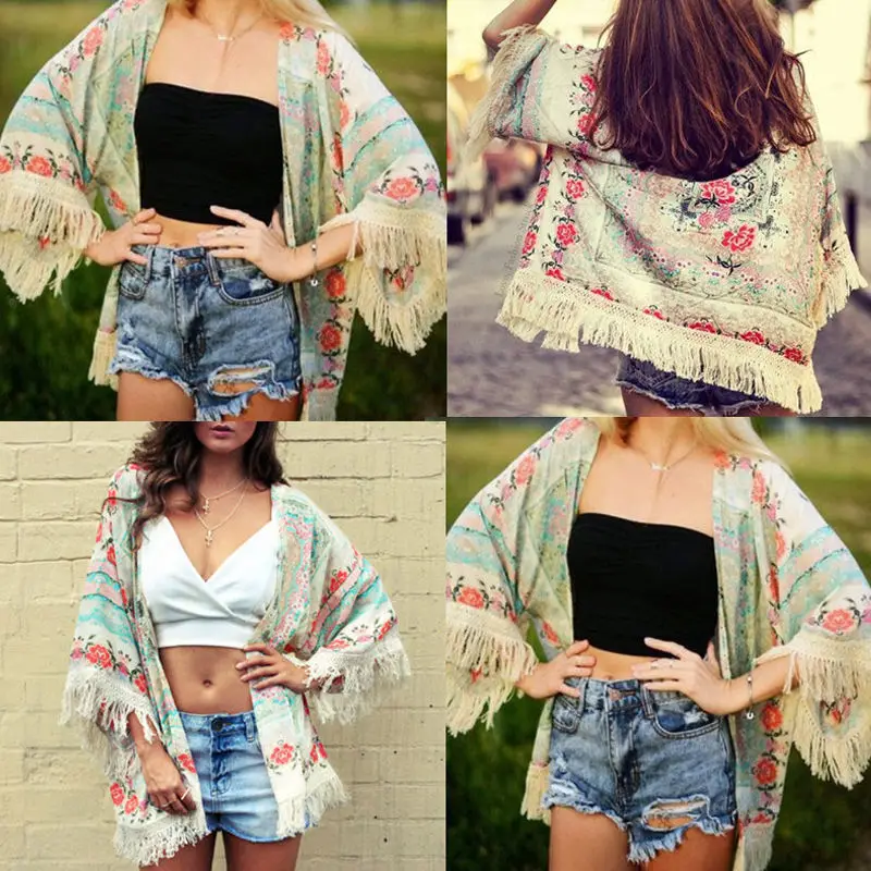 

Fashion New Women Boho Fringe Floral Kimono Cardigan Tassels Batwing Sleeve Beach Cover Up Cape Jacket Coats