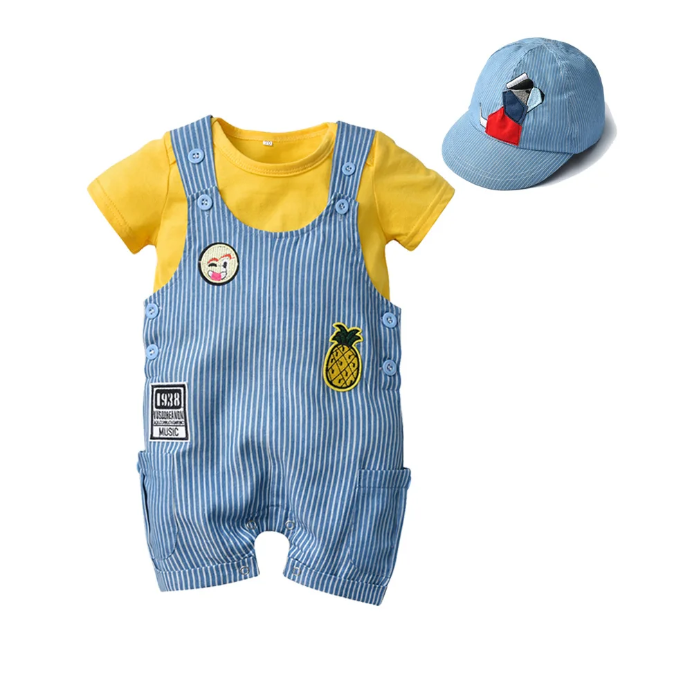 VTOM Newborn Baby Boys Summer Set Short Sleeve Rompers +Suspenders Striped Pants +Hats Sets Toddler Outfit Clothing XN52 |