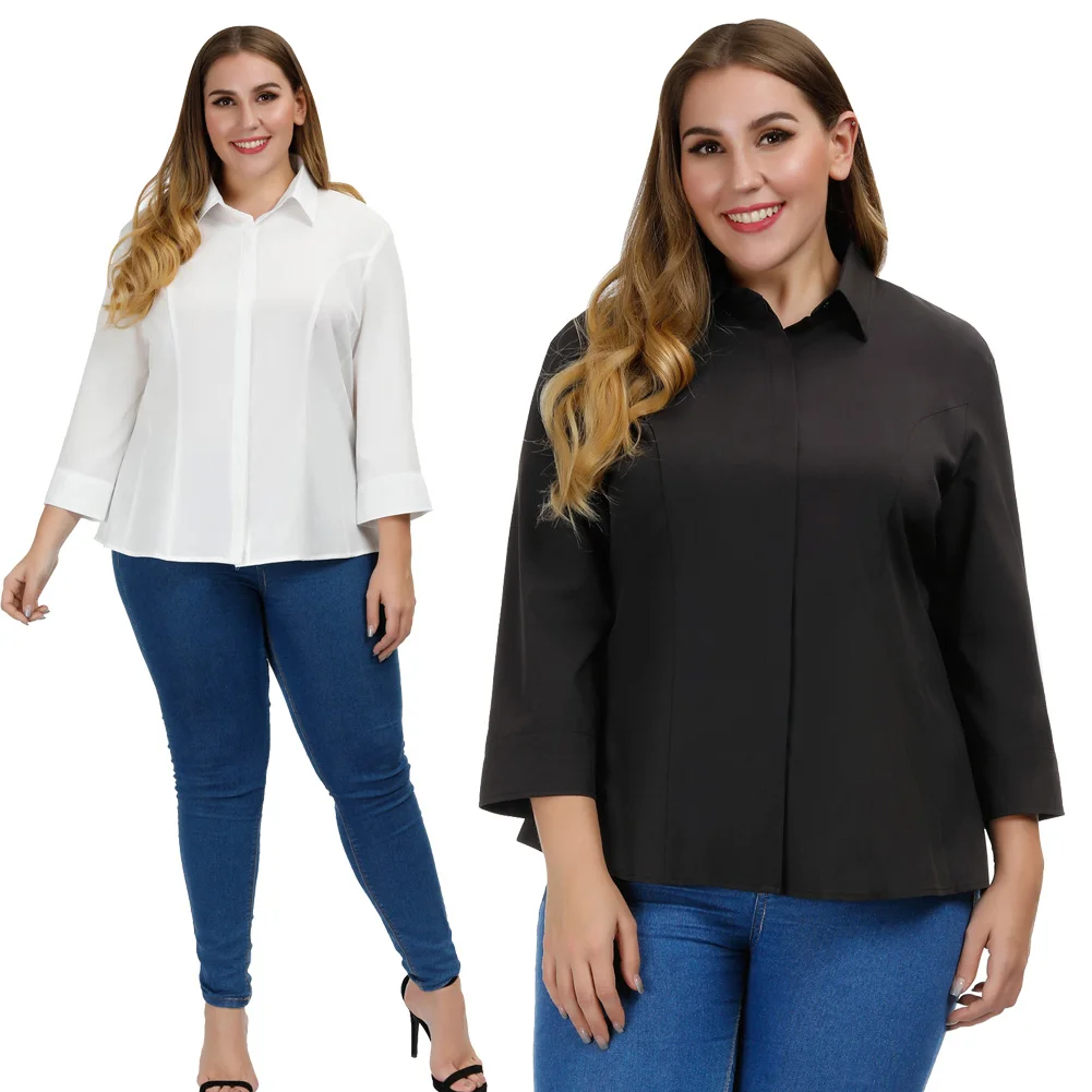 Plus Women OL Shirt 3/4 Sleeve Office Lady Lapel Collar Button Blouse Tops Tee |