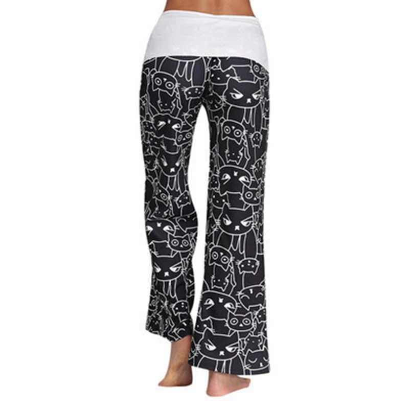 Women trousers Casual High Waist Cartoon Cat Printed Wide Leg Pants Stretch Comfy | Женская одежда