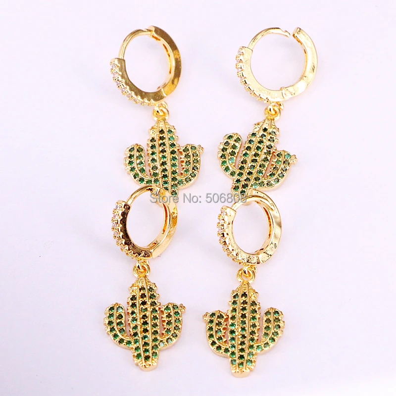 

6 Pairs, Green CZ Gold color Cactus shaped dangle earrings crystal zircon earrings