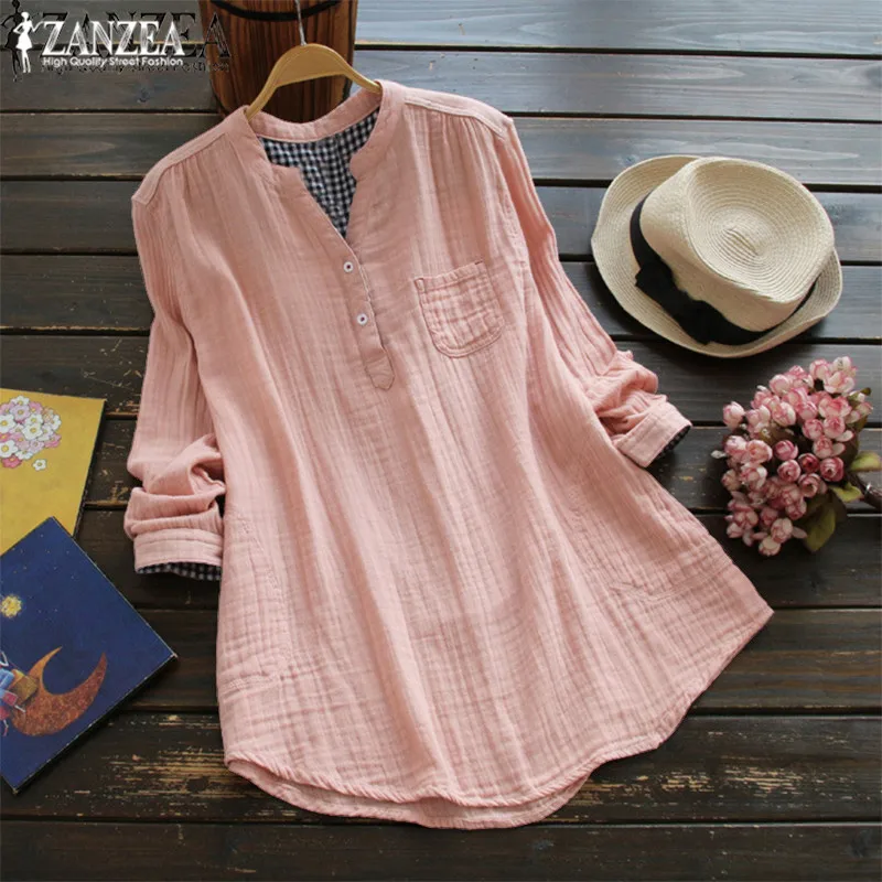 

Long Sleeve Tee Shirt Women's Blouse 2021 ZANZEA Cotton Linen Tops Female Fashion Button Check Blusas Autumn Tunic Top