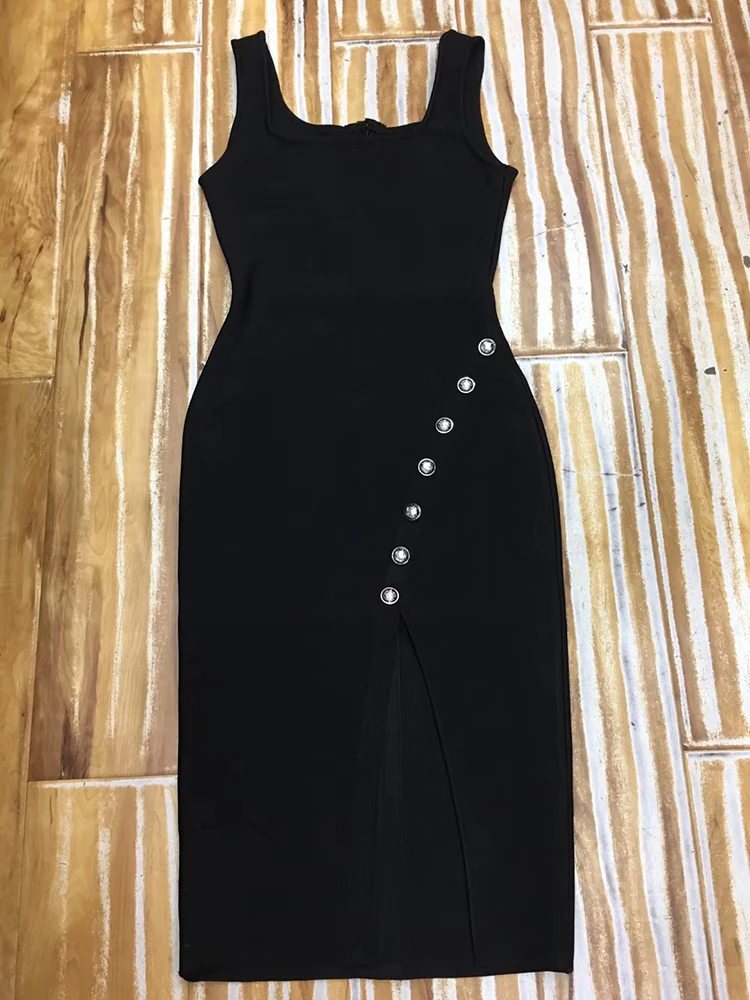 

High Quality Black Button Beading Open Fork Bodycon Rayon Bandage Dress 2019 Evening Party Dress
