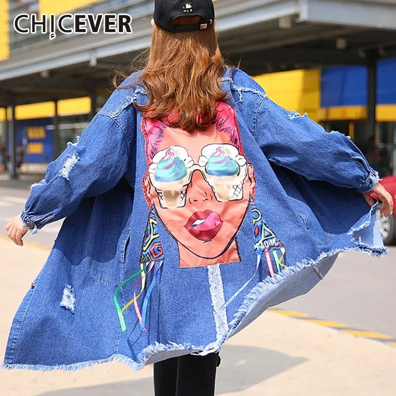 Женская джинсовая куртка CHICEVER с длинными рукавами и отложным воротником принтом