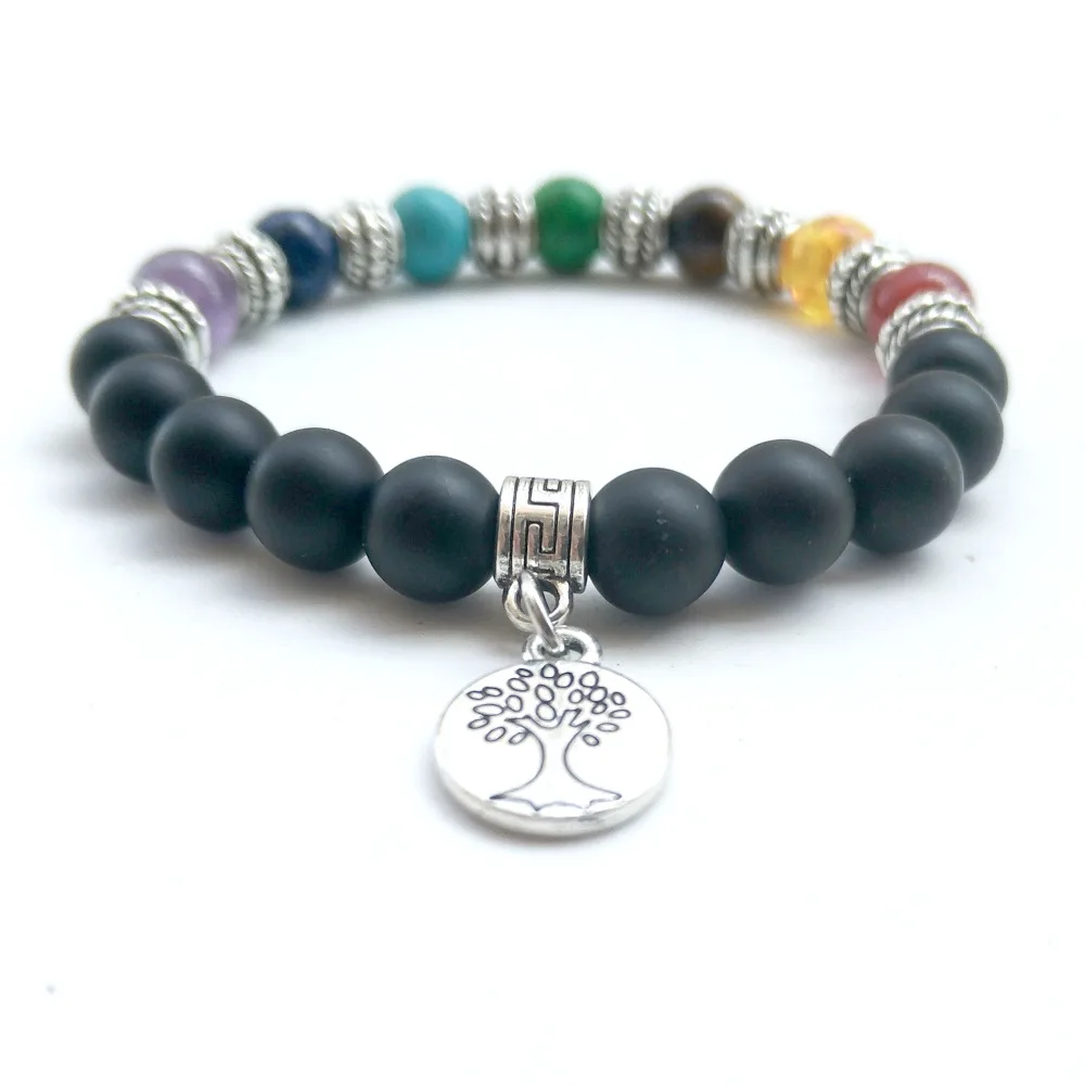 Шармы Древо жизни семь чакр каменные бусины браслет из матового черного камня