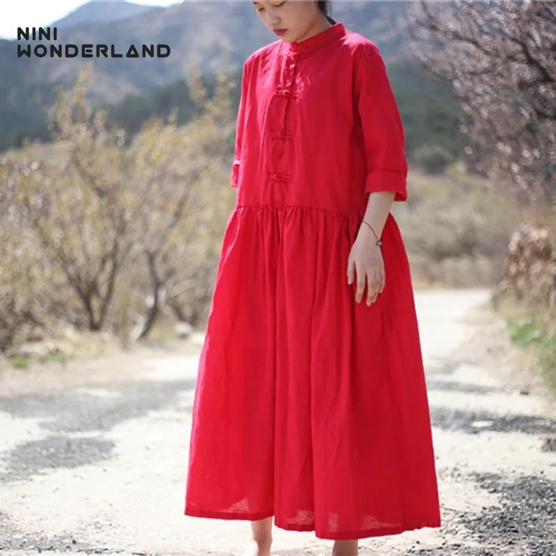 Платье NINI WONDERLAND женское хлопково льняное винтажное длинное однотонное