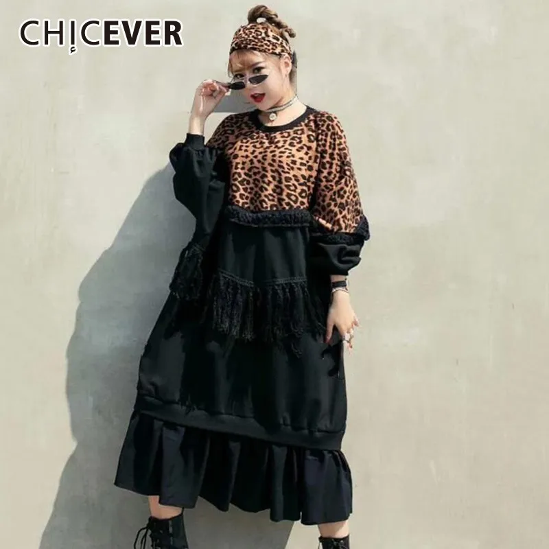 CHICEVER лоскутное леопардовое платье для женщин с О-образным вырезом