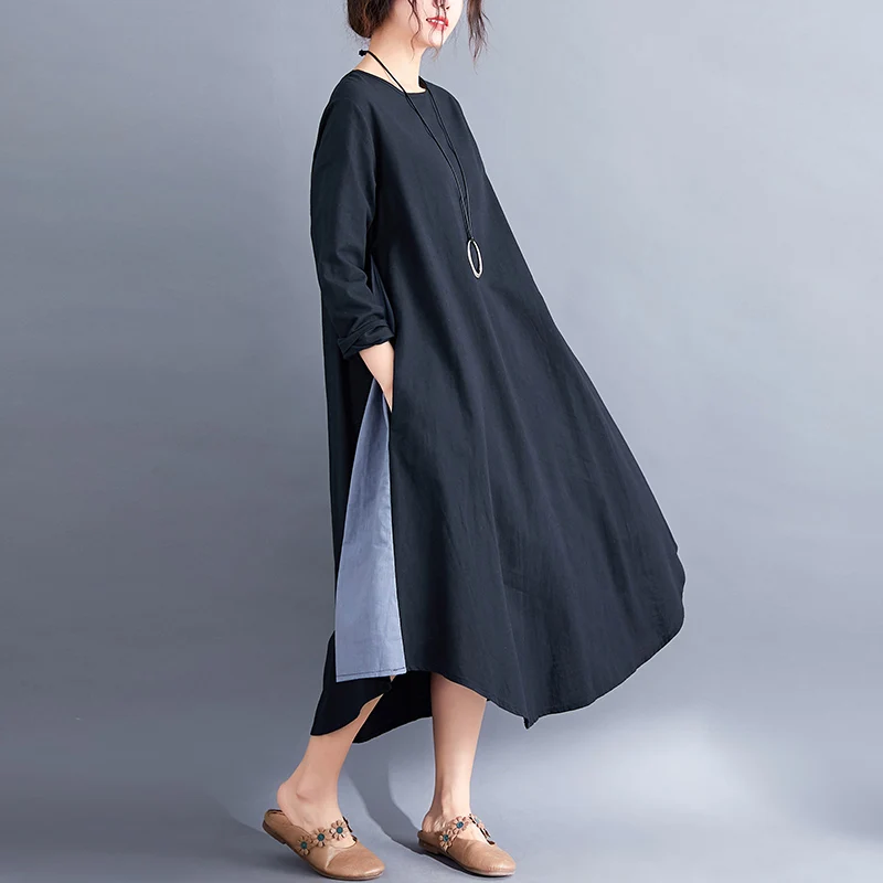 Black Long Loose Robe Dress 2019 Spring Summer Women Sleeved Stitching Cotton and Linen Dresses | Женская одежда