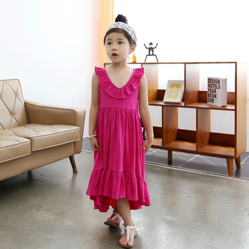 2019 summer Big girls dress cotton ruffle baby girl rose red children's casual beach Maxi vestidos kids teens sundress | Детская