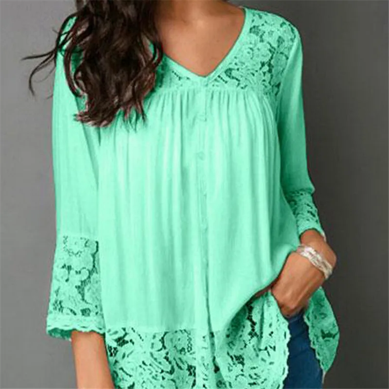 Летняя Осенняя Женская кружевная блузка с v образным вырезом новинка 2018