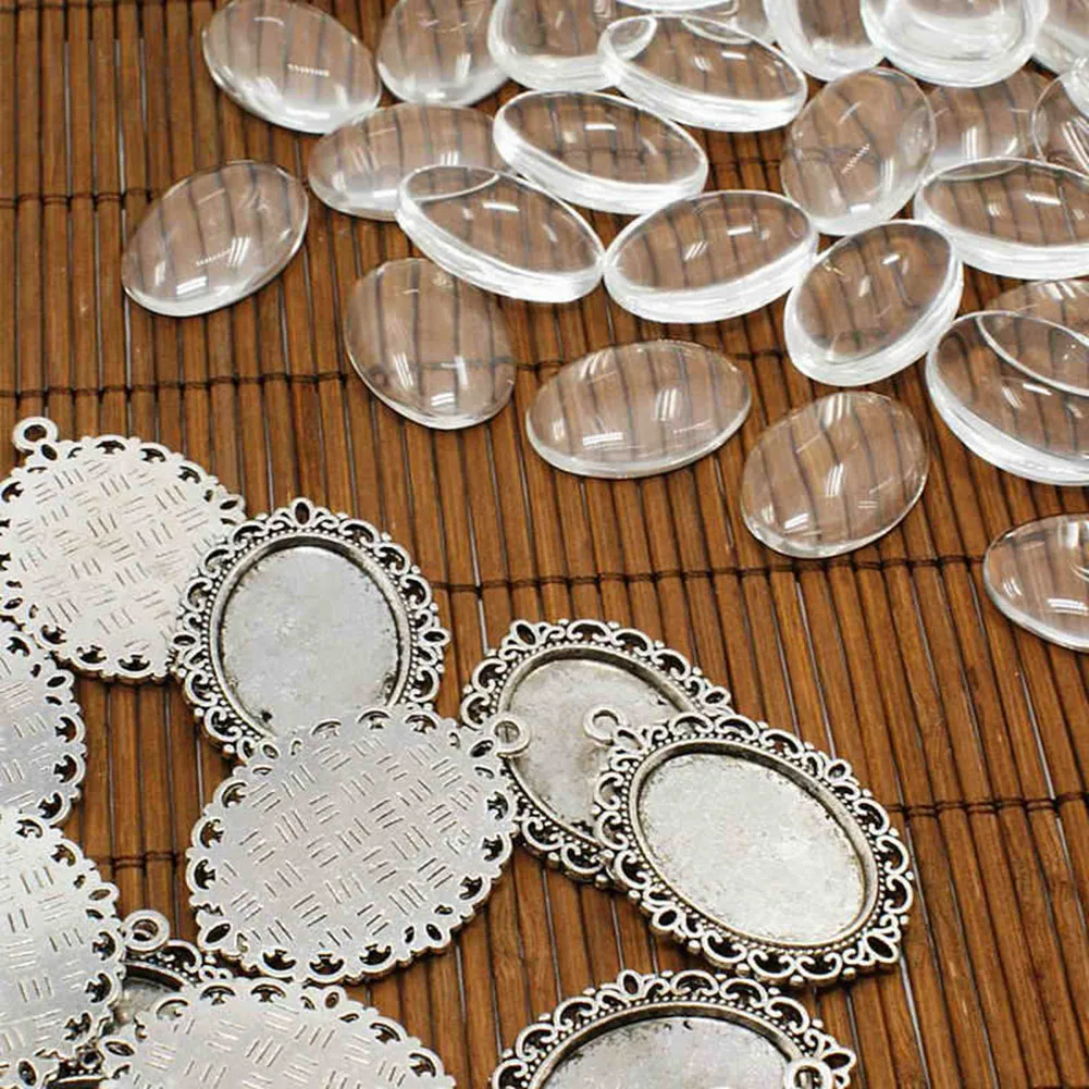 

10Sets/Lot Silver Alloy Oval Pendant Base Setting Accessories For Jewelry Vintage Charm Clear Glass Cabochons DIY Jewelry Making