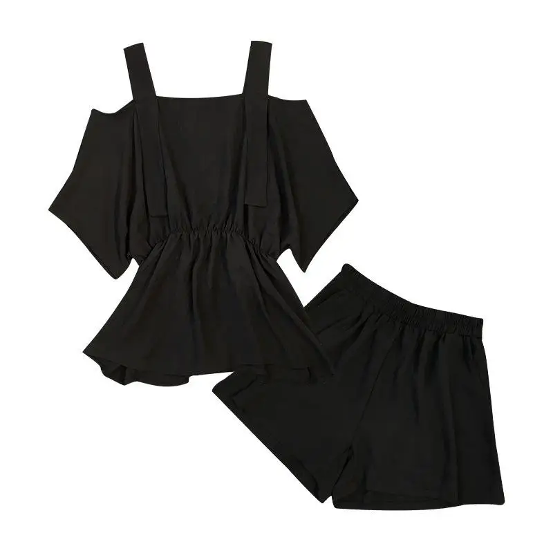 MISSKY 2pcs/set Women Girl Summer Suits Solid Color Fashion Belly-covering Suit Tops +Shorts Female Clothes |
