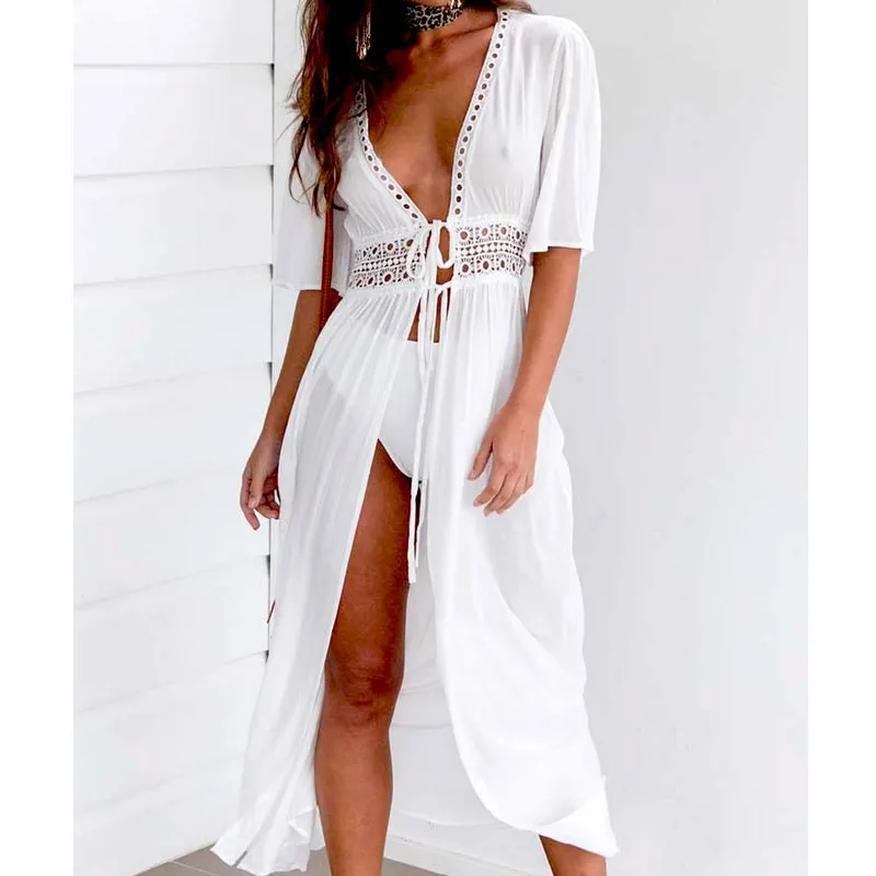 Женская Длинная Блузка Boho белая блузка с глубоким вырезом и шнуровкой лето
