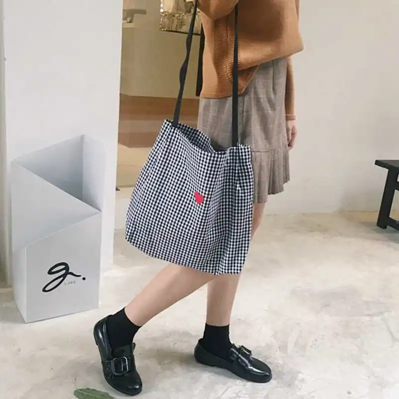 ABDB-Women Canvas Shoulder Bag Black White Plaid Embroidery Ladies Shopping Handbags Totes Cotton Cloth Beach Bags | Багаж и сумки